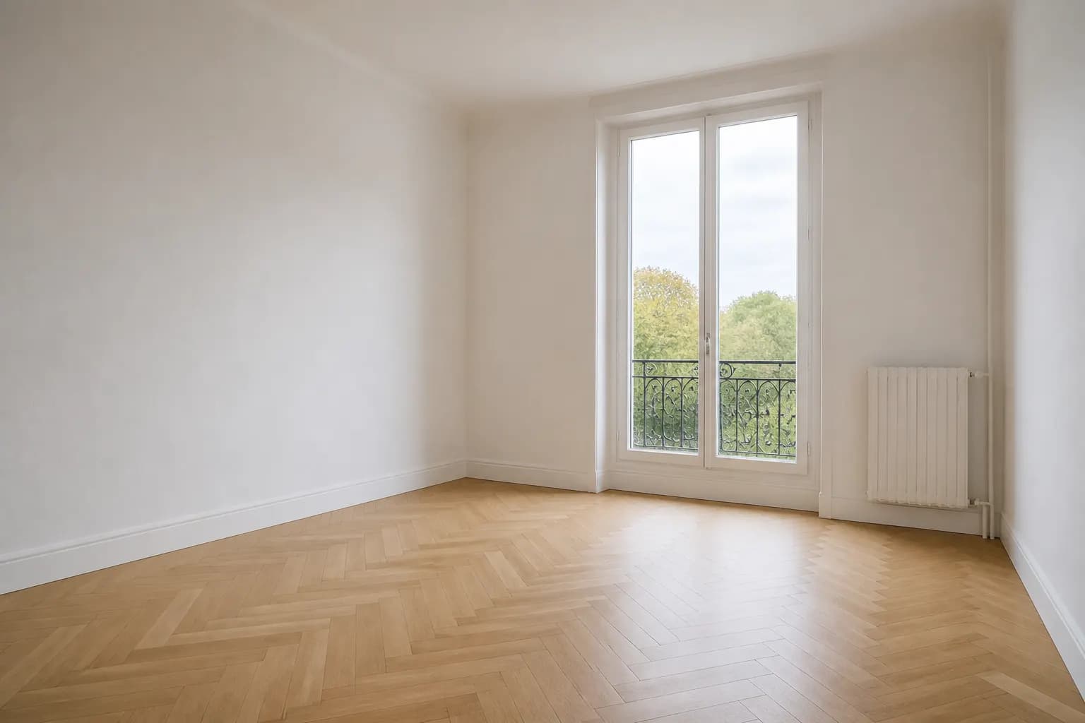 Le séjour vide et lumineux d'un appartement neuf, parquet chêne et fenêtre à la française.