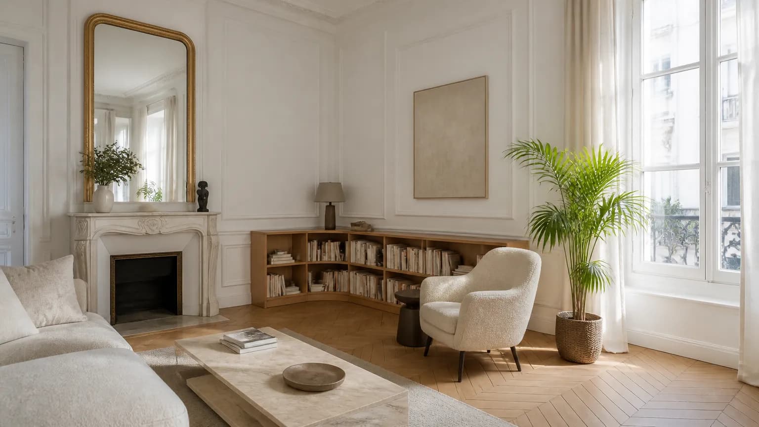 Le coin salon d'un appartement parisien clair : parquet en chevrons, cheminée de pierre, bibliothèque basse et fauteuil devant une fenêtre haute.