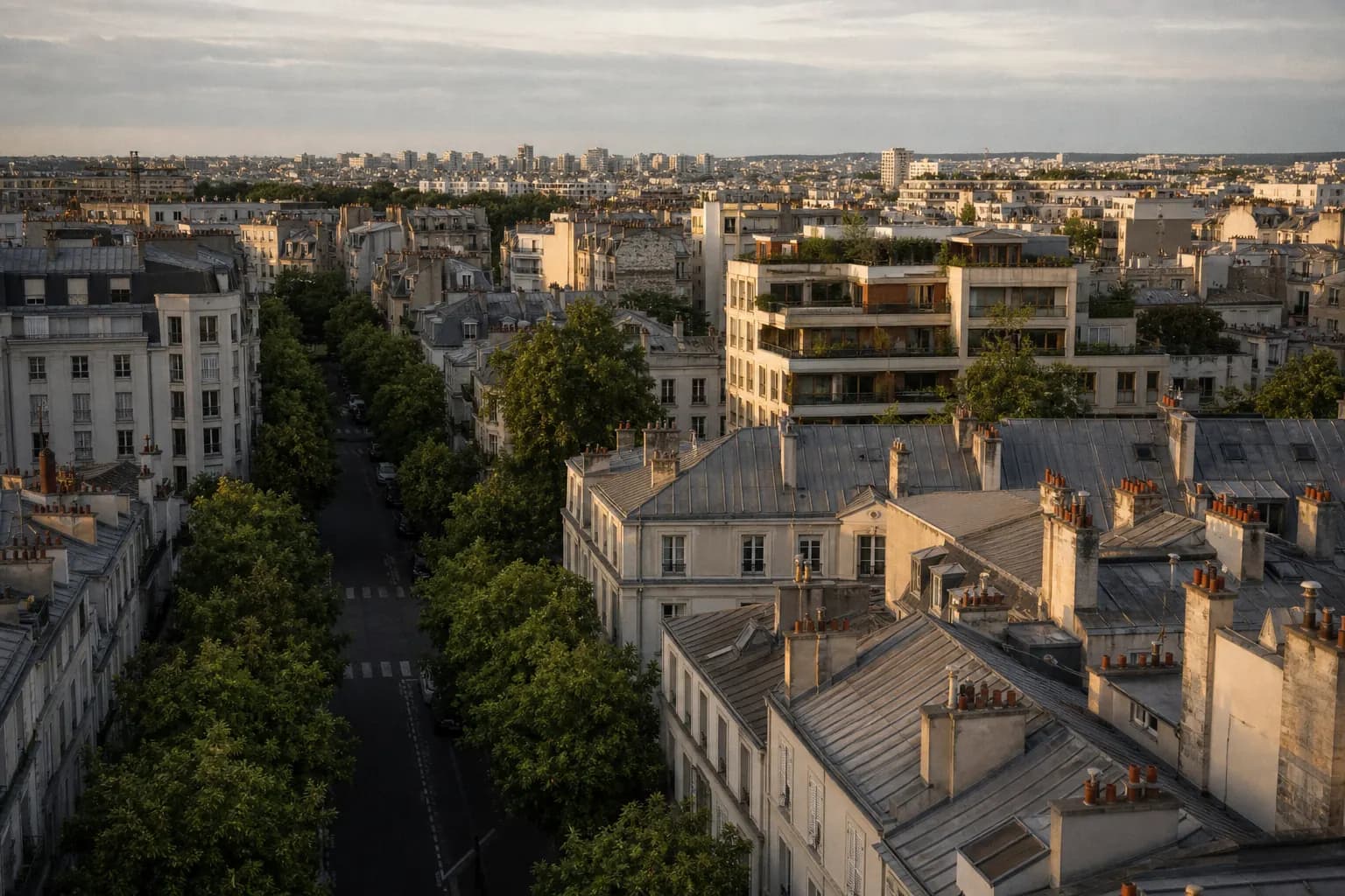 Vue aérienne d'un quartier résidentiel français, toits de zinc et résidences récentes.